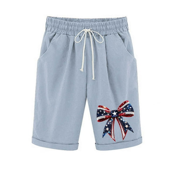 Oalirro Women's Patriotic Shorts - 4th of July Printed Elastic Waist Casual Short Pants with Side Pockets, Lightweight Half-Length Short