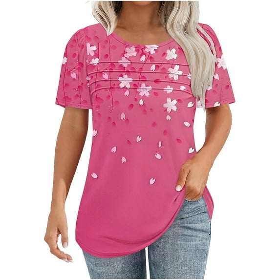 Oalirro Women's Puff Short Sleeve Tunic Tops Pleated Crew Neck Summer Floral Blouses Dressy Casual Loose T Shirts