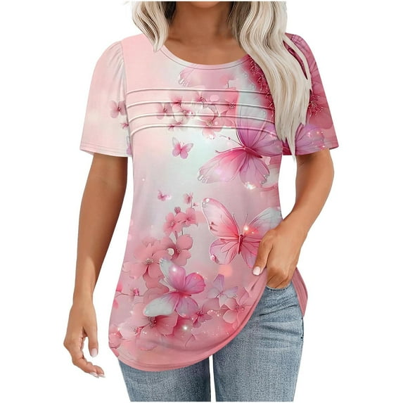 Oalirro Women's Puff Short Sleeve Tunic Tops Pleated Crew Neck Summer Floral Blouses Dressy Casual Loose T Shirts