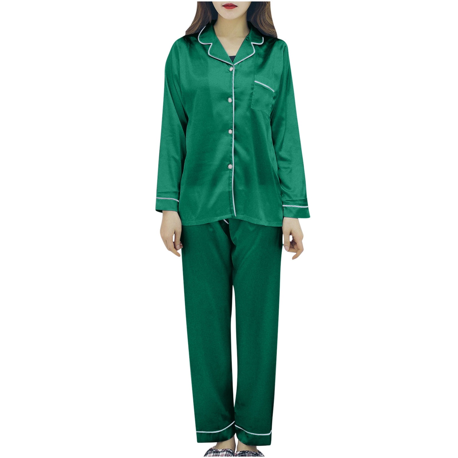 Oalirro Women's Satin Pajama Set Long Sleeve PJs 2 Piece Outfit Button ...