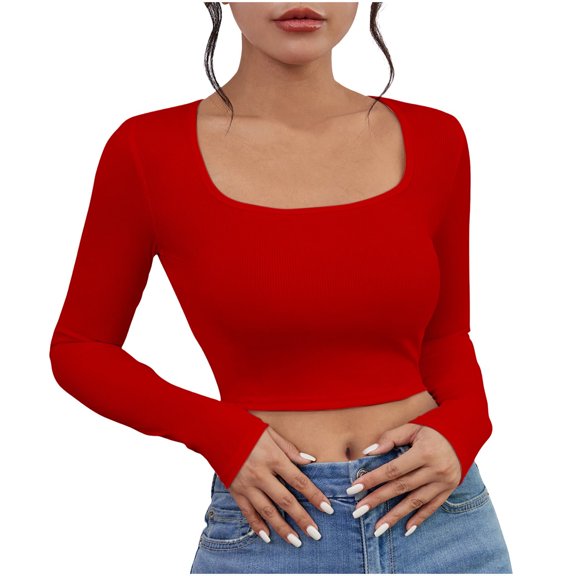 Oalirro Women's Square Neck Long Sleeve Crop Top Slim Fitted Shirt Casual Base Layer Soft Shirt Going Out Tops