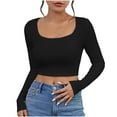 thumbnail image 1 of Oalirro Women's Square Neck Long Sleeve Crop Top Slim Fitted Shirt Sexy Casual Base Layer Soft Shirt Going Out Tops, 1 of 4
