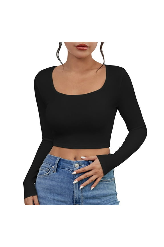 Women's Square Neck Long Sleeve Crop Top Slim Fitted Shirt Sexy Casual Base Layer Soft Shirt Going Out Tops