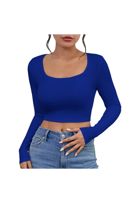 Women's Square Neck Long Sleeve Crop Top Slim Fitted Shirt Casual Base Layer Soft Shirt Going Out Tops