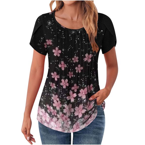 Oalirro Women's Summer Casual Crew Neck Short Sleeve T-shirt Floral Printed Top Flowy Relax Fit Soft Lightweight Blouses