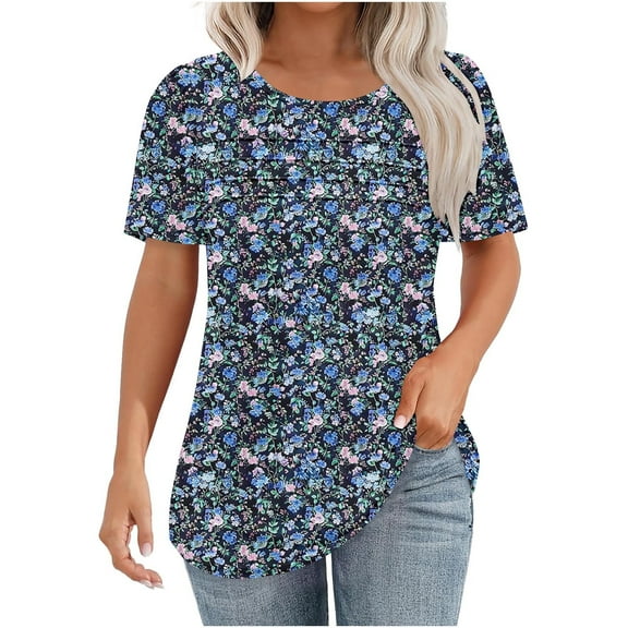 Oalirro Women's Summer Tops 2025 Trendy Fashion Short Sleeve Shirts Smocked Crewneck Tee Floral Casual Blouse