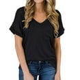 thumbnail image 1 of Oalirro Women's Tops, Tees & Blouses Birthday Present Women's Fashion Summer V Neck Leisure Short Sleeve Solid Tops Black, 1 of 7