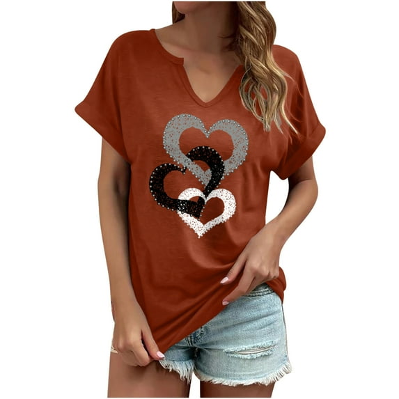 Oalirro Women's Tops, Tees & Blouses Women Blouses and Tops Fashion Women's Fashion Printed Casual V-neck Short Sleeve Loose T-shirt Tops Orange