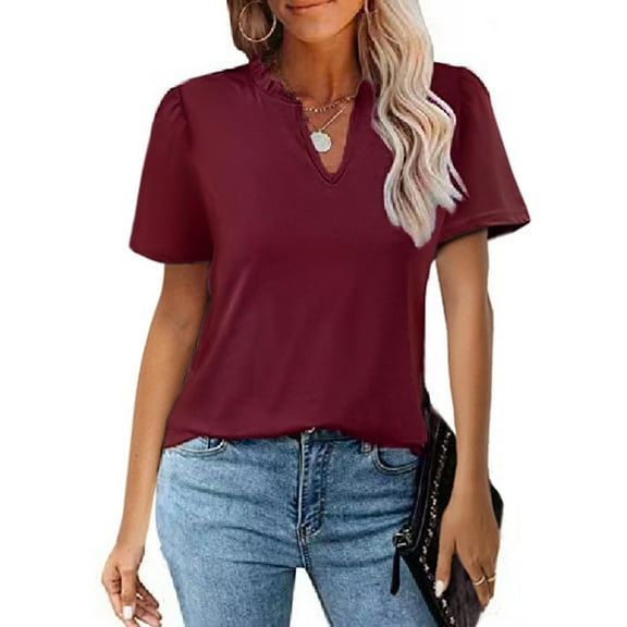 Oalirro Women's Tops, Tees & Blouses Women Tops and Blouses Fashion Women Casual Solid Pullover V-Neck Short Sleeve T-Shirt Tops Blouse Wine