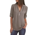 thumbnail image 1 of Oalirro Women's Tops, Tees & Blouses Womens Blouses and Tops Casual Women's Summer Shirts Zip Casual Tunic V-Neck Rollable Blouse Tops T-Shirt Gray, L, 1 of 6
