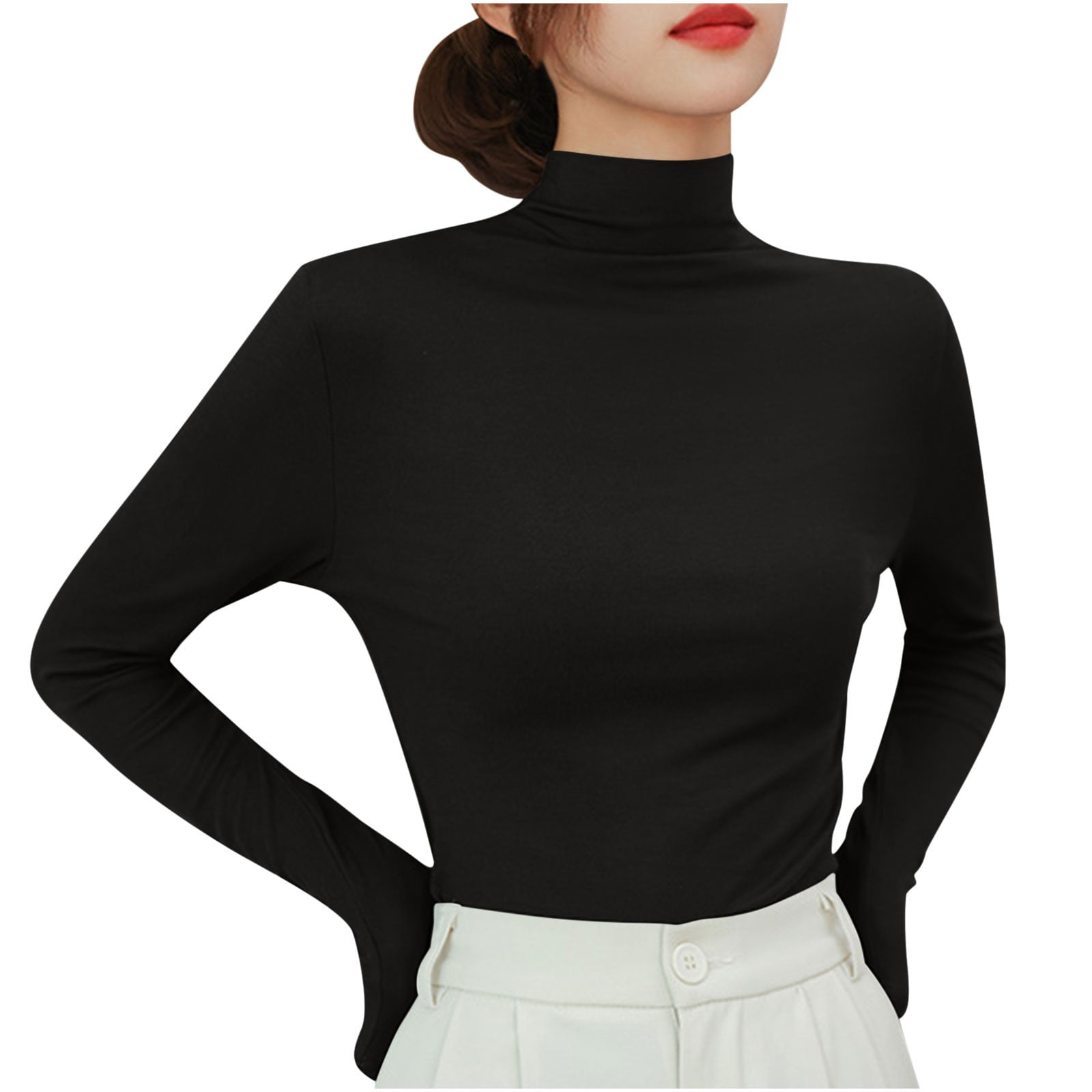 Women Fleece Lined Mock neck Turtleneck Long Sleeve Top Slim