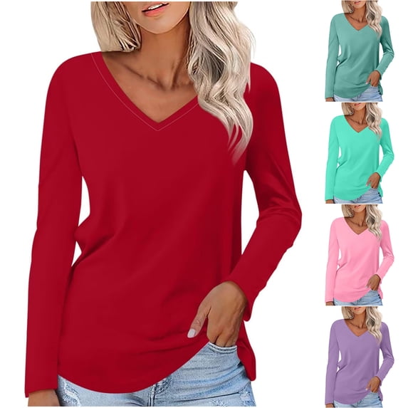 Oalirro Women's V Neck Long Sleeve T Shirts Casual Solid Color Tunic Tops Basic Tees