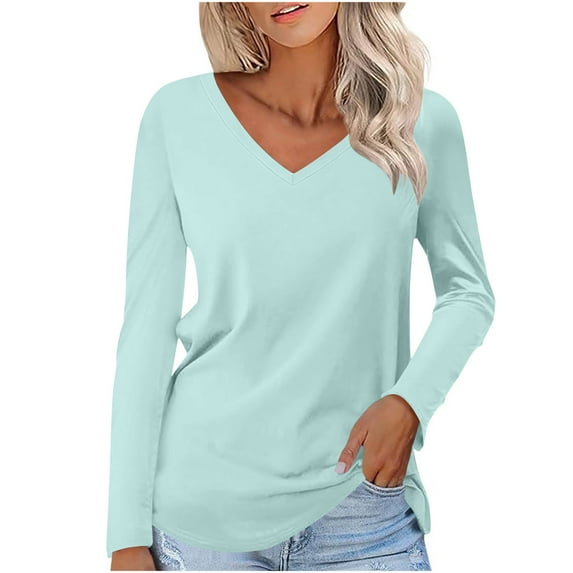 Oalirro Women's V Neck Long Sleeve T Shirts Casual Solid Color Tunic Tops Basic Tees