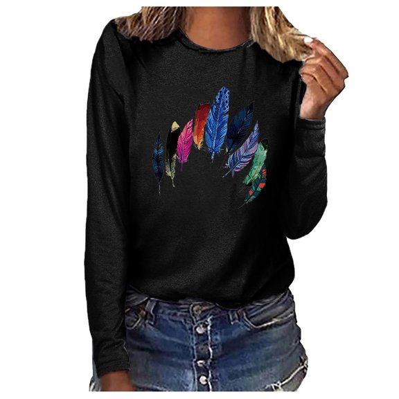 Oalirro Womens Black Long Sleeve Tops Graphic Prints Round Neck Tie Dye Shirt, M
