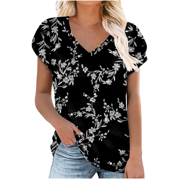 Oalirro Womens Blouses and Tops Dressy Summer Black Summer Blouses for Women Women's Short Sleeve Print V-Neck T-Shirt Loose Casual Summer Tee Tops, M