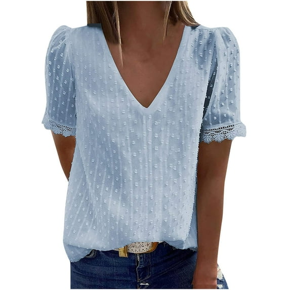 Oalirro Womens Blouses and Tops Dressy Summer Blue Summer Blouses for Women Fashion Women Casual Solid Short Sleeve V-Neck Lace T-Shirt Blouse Tops, XXL