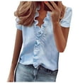 thumbnail image 1 of Oalirro Womens Blouses and Tops Dressy Women Blouses and Tops Fashion Women's Casual Solid Color Ruffle Collar Long Sleeve Ruffle Shirt Blouse V-Neck Short Sleeve Shirt Tops Blue, 1 of 8