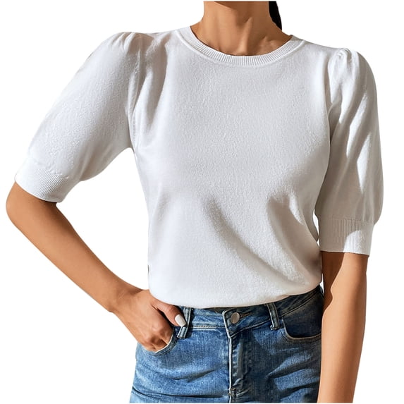 Oalirro Womens Blouses and Tops Dressy Women Blouses and Tops Fashion Women's Fashion Short Sleeve Round Neck Solid Color Loose Tops Blouse Puff Sleeve Knitted White