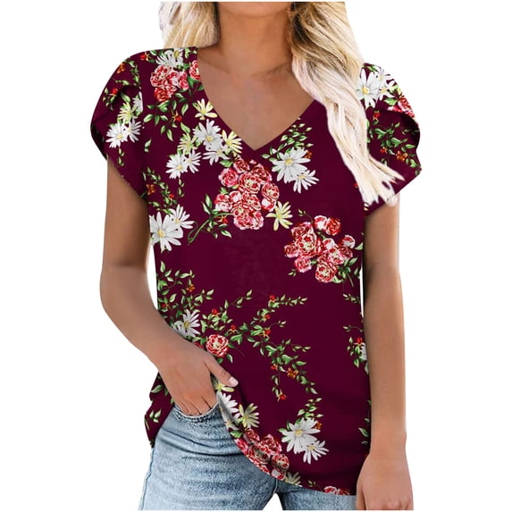 Oalirro Womens Blouses and Tops Dressy Summer Red Summer Blouses for Women Women's Short Sleeve Print V-Neck T-Shirt Loose Casual Summer Tee Tops, S
