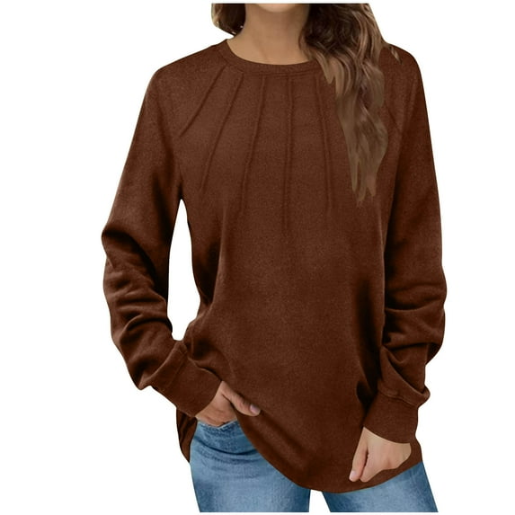 Oalirro Womens Fashion Top Casual Solid Crewneck Long Sleeve Shirts Tunic Tops