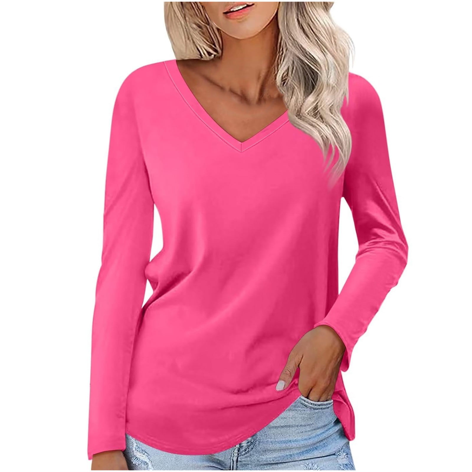 Oalirro Womens Long Sleeve Tops Solid V Neck Tops for Women Dressy Fall — free download