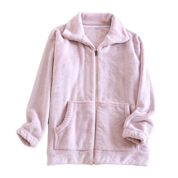 Oalirro Womens Loungewear Winter Solid Color Long Sleeve Fleece Hoodie Jacket Sleepwear Zip Up Winter Fall Coat Warm Homewear with Pockets