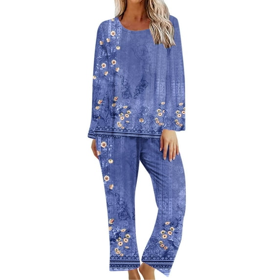 Oalirro Womens Pajamas Set Casual Long Sleeve Top with Long Pants Homewear Pjs Set Loungewear Blue,L