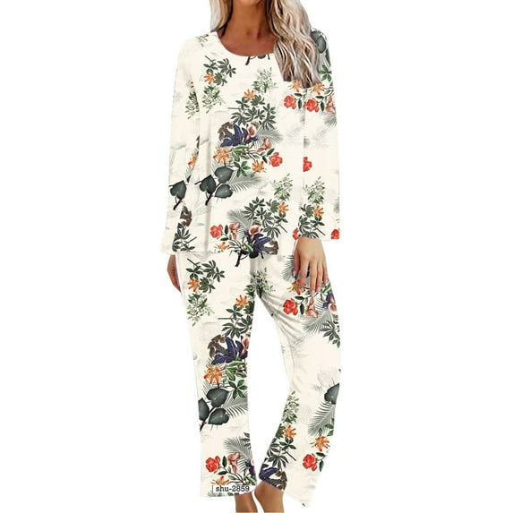 Oalirro Womens Pajamas Sets Casual Long Sleeve Top with Long Pants Homewear Top and Long Pants Loungewear Green,L