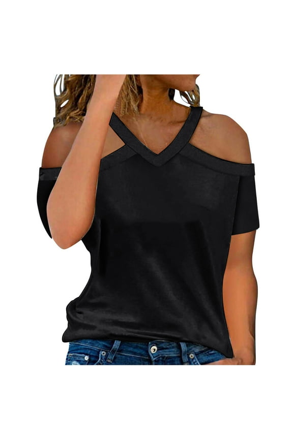 Womens Sexy Cold Shoulder Tops, Casual Off Shoulder Short Sleeve Open Shoulder Shirts Under 10