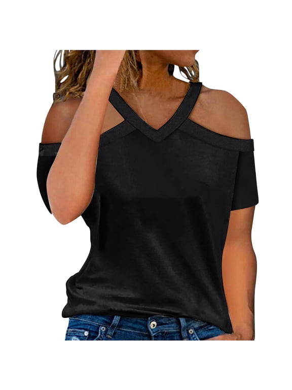 Womens Sexy Cold Shoulder Tops, Casual Off Shoulder Short Sleeve Open Shoulder Shirts Under 10