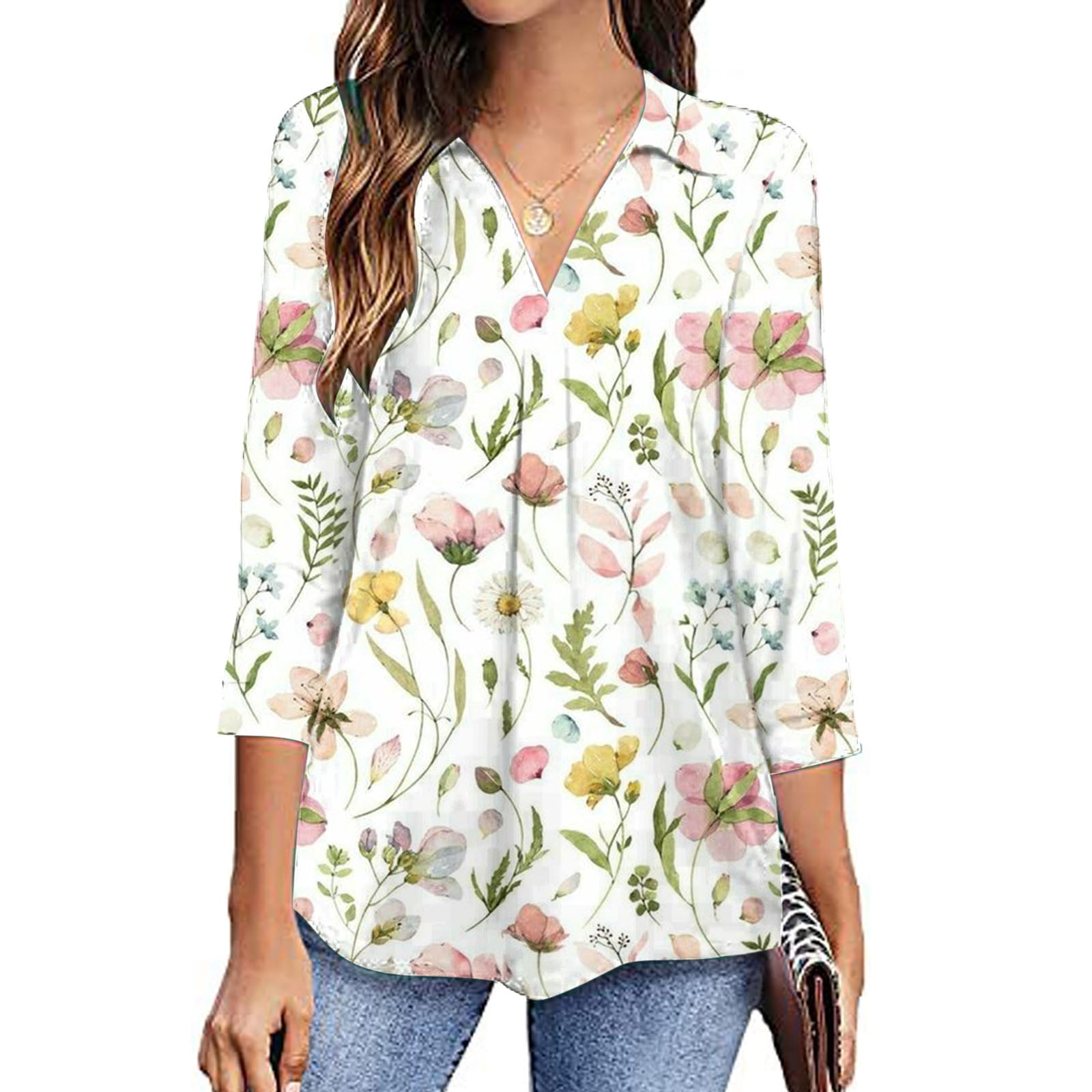 Oalirro Womens Summer Blouses 3/4 Sleeve V Neck Shirts for Women Ladies ...