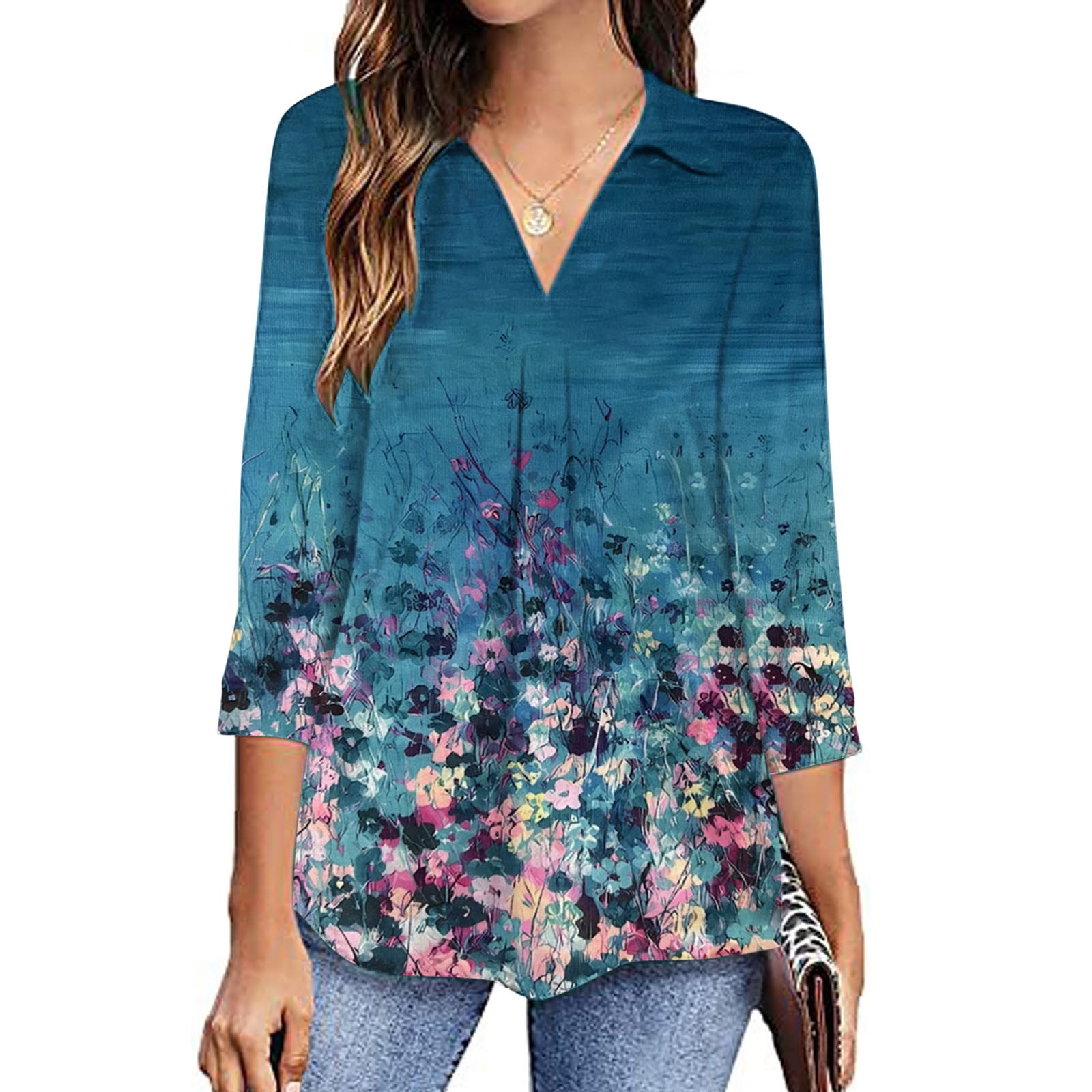Ivicoer Women's 3/4 Sleeve Floral Top - V Neck Loose Tunic Blouse For Summer - View #9