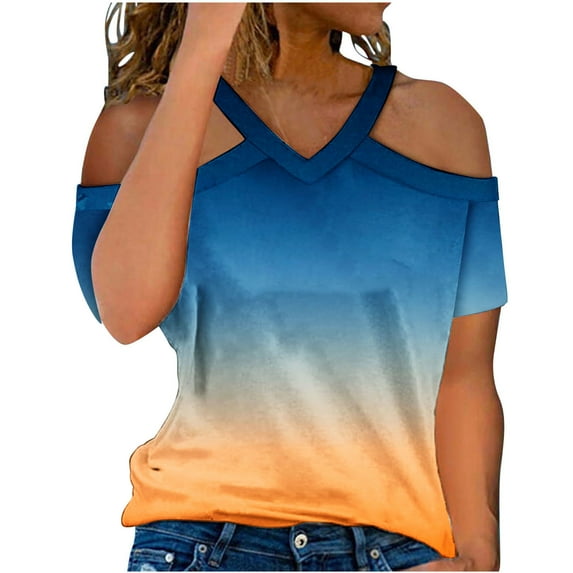 Oalirro Womens Summer Round Neck Off The Shoulder Tops Casual T Shirts Cut Out Puffy Short Sleeve Solid Color Blouses