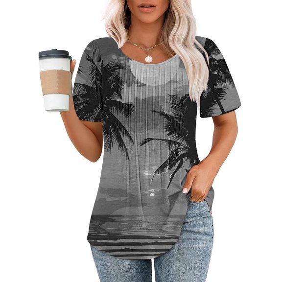 Oalirro Womens Summer Tops Round Neck Short Sleeve T-Shirts Boho Palm Tree Print Hawaii Tunic Blouse Classic Curvy Hem Pleated Shirts