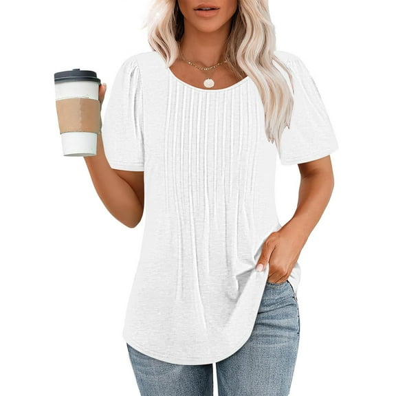 Oalirro Womens Tops 2024 Summer Casual Pleated Loose Fit Round Neck Short Sleeve Shirts Comfy Lightweight Going Out Tunic Tops