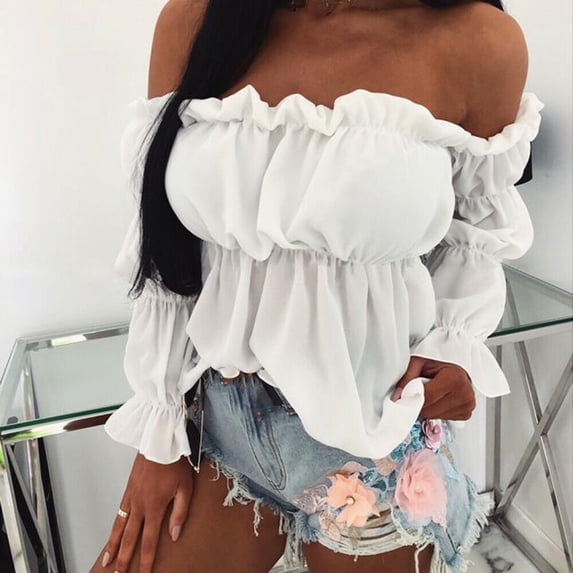 Oalirro Womens Tops Dressy Casual Deals Clearance Women's Fashion Off-Shoulder Strapless Solid Color Long Sleeve Shirt Blouse Top