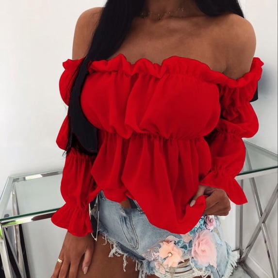 Oalirro Womens Tops Dressy Casual Deals Clearance Women's Fashion Off-Shoulder Strapless Solid Color Long Sleeve Shirt Blouse Top