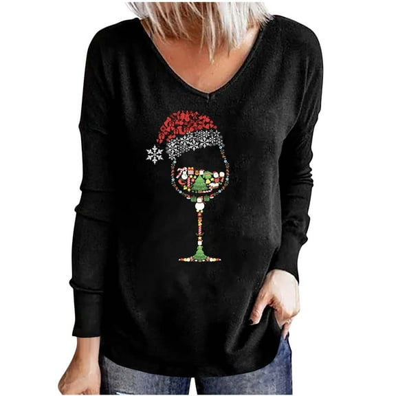 Oalirro Womens Tops Dressy Casual Ladies Fashion Casual Christmas Print Round Neck Loose Long Sleeve Top