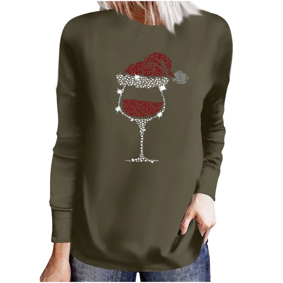 Oalirro Womens Tops Dressy Casual Ladies Fashion Casual Christmas Print Round Neck Loose Long Sleeve Top