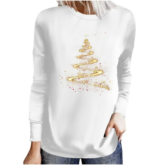 Oalirro Womens Tops Dressy Casual Ladies Fashion Casual Christmas Print Round Neck Loose Long Sleeve Top