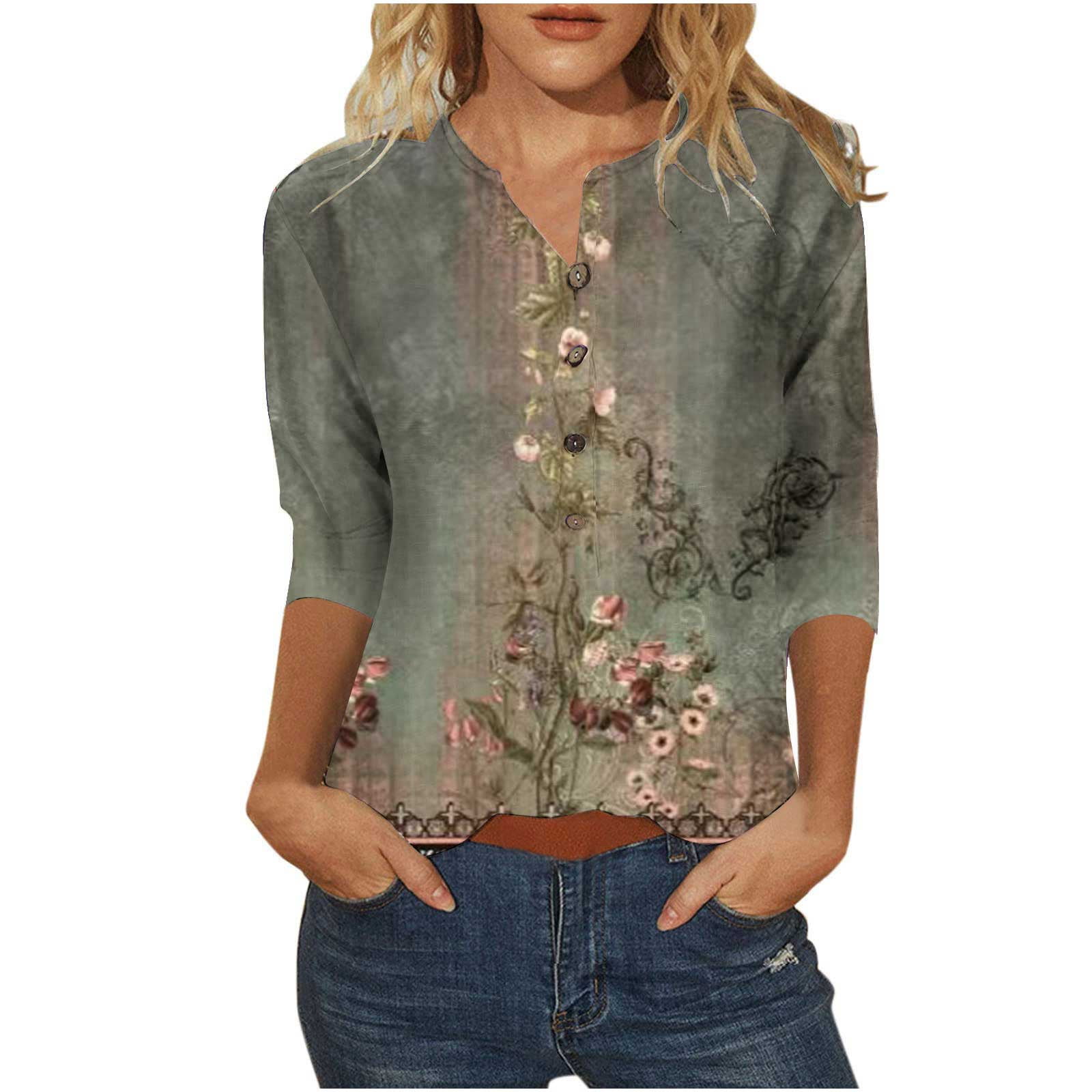 Women Summer Printed Fashion Button Shirts Blouse Casual 3/4 Sleeve Cotton  Tops