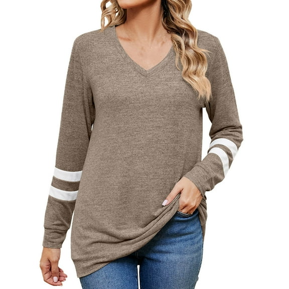 Oalirro Workout Tops for Women V Neck Long Sleeve Casual Color Block Top
