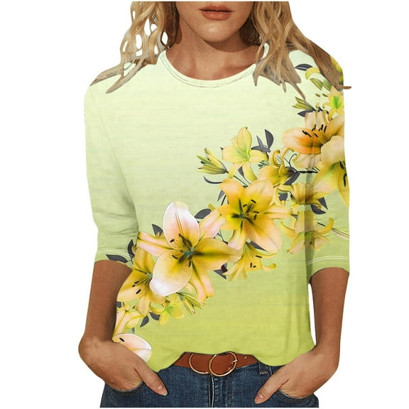 Oalirro Yellow Women Blouses and Tops Fashion Round Neck Three-Quarter Sleeve Top XL