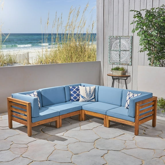 Oana 5-Seater V-Shaped Sectional Sofa Set with Cushion Teak/Blue