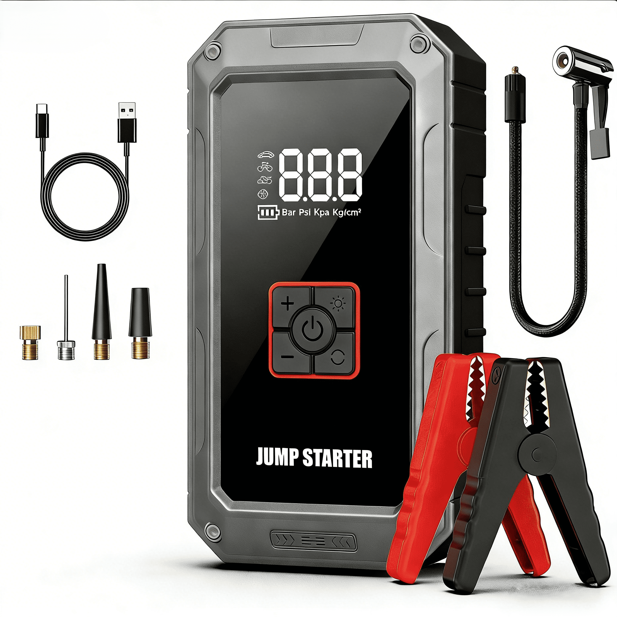 Oandys 4500A Car Jump Starter with 150PSI Air Compressor, 12V Portable Battery Booster Pack for 9.0L Gas/8.0L Diesel Engines, with LED Display, Emergency LED Light & Power Bank Function