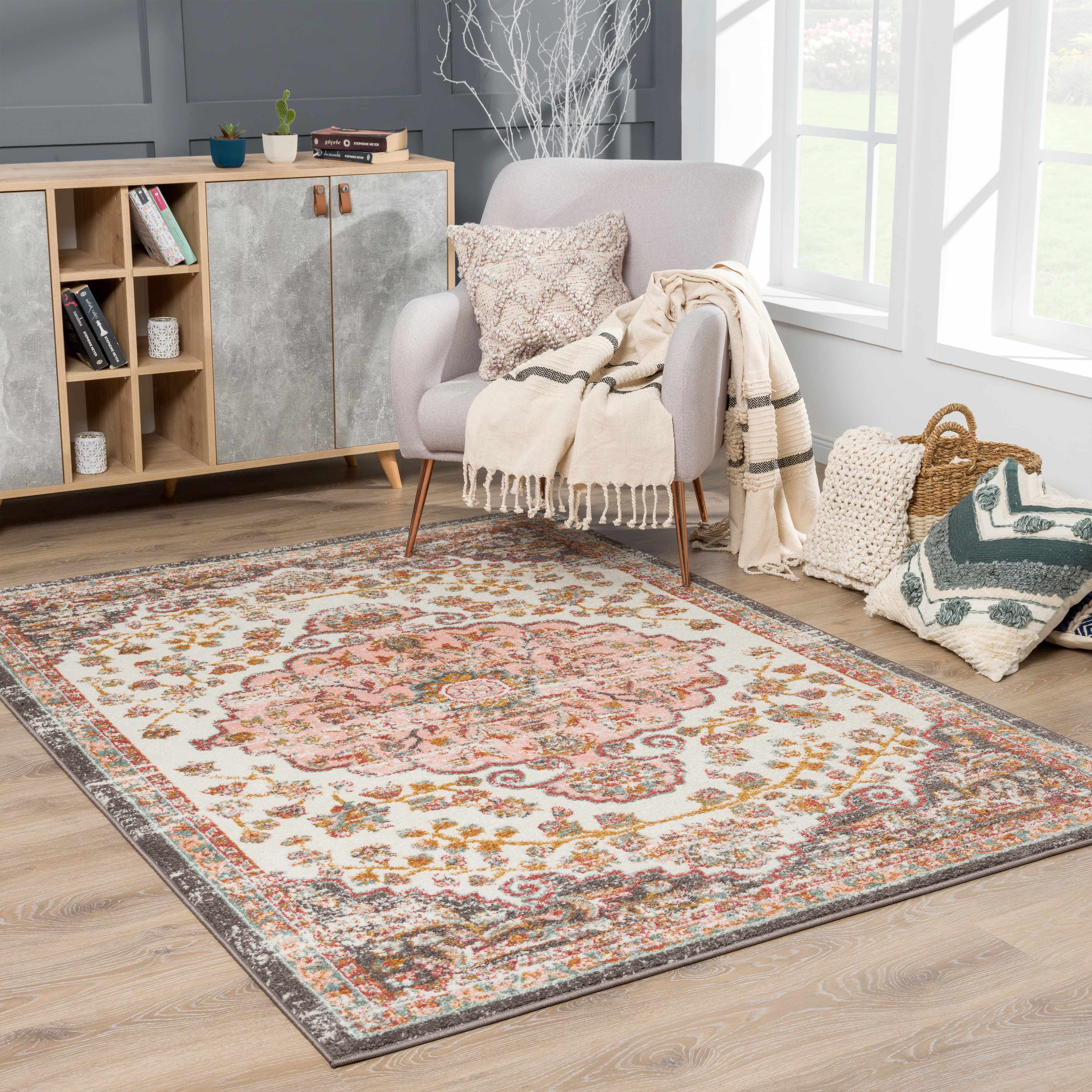 Oark Oriental Bohemian Living Room Bedroom Area Rug - Boho Vintage Distressed Carpet - Persian Medallion - Soft Color Carpet - Pink, Beige, Orange - 5'2'' x 7'