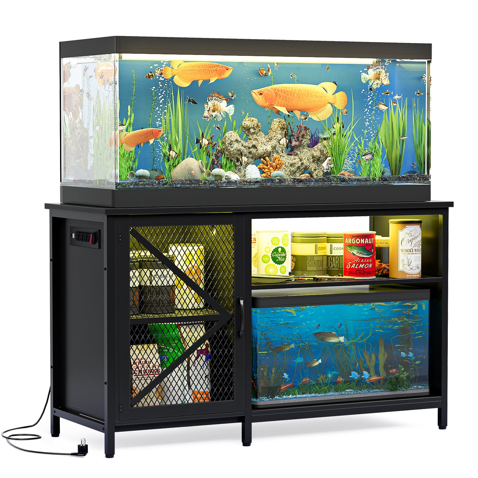 Black Metal Aquarium Stand with Storage Cabinet and LED Light