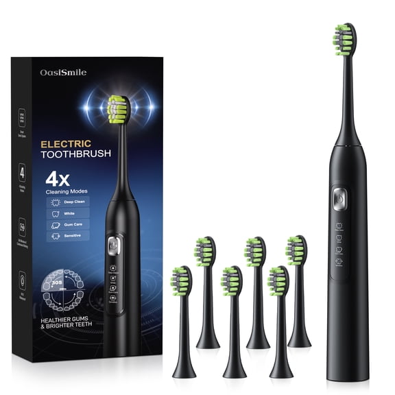 OasiSmile Sonic Electric Toothbrush for Adults, Rechargeable Travel Tooth Brush with 6 Brush Heads, 42000 VPM Deep Clean 4 Modes 120-Day Battery, Black