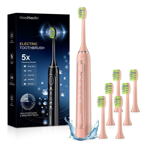OasiSmile Sonic Electric Toothbrush for Adults and Kids, 5 Modes 42000 VPM Rechargeable Travel Power Toothbrushes with 6 Brush Heads, 90 Days Battery Life, Rose Gold