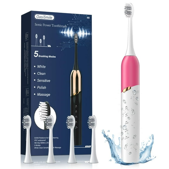 OasiSmile Sonic Electric Toothbrush for Adults, Patented Design 50000 VPM Deep Clean 5 Modes 120-Day Battery Rechargeable Travel Toothbrush with 4 Soft Brush Heads, Red